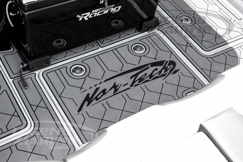 Slide: The Image of 2024 Nor-Tech 390 Sport Center Console deck with logo and Mercury Racing branding. - 34