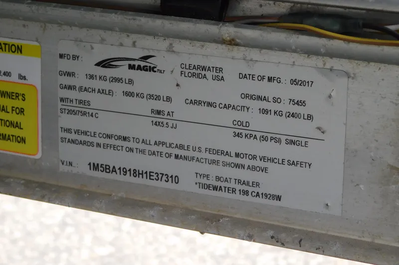 Slide: The Image of Label on a 2017 Tidewater 198 CC Adventure boat trailer, detailing specifications and safety standards. - 33