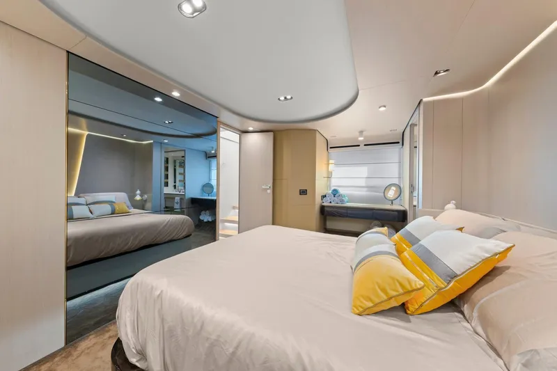 Slide: The Image of Luxurious bedroom interior of 2020 Azimut Fly 78 yacht with modern design and elegant decor. - 85