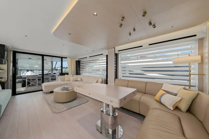 Slide: The Image of Luxurious interior of 2020 Azimut Fly 78 yacht with modern furnishings and ample natural light. - 74