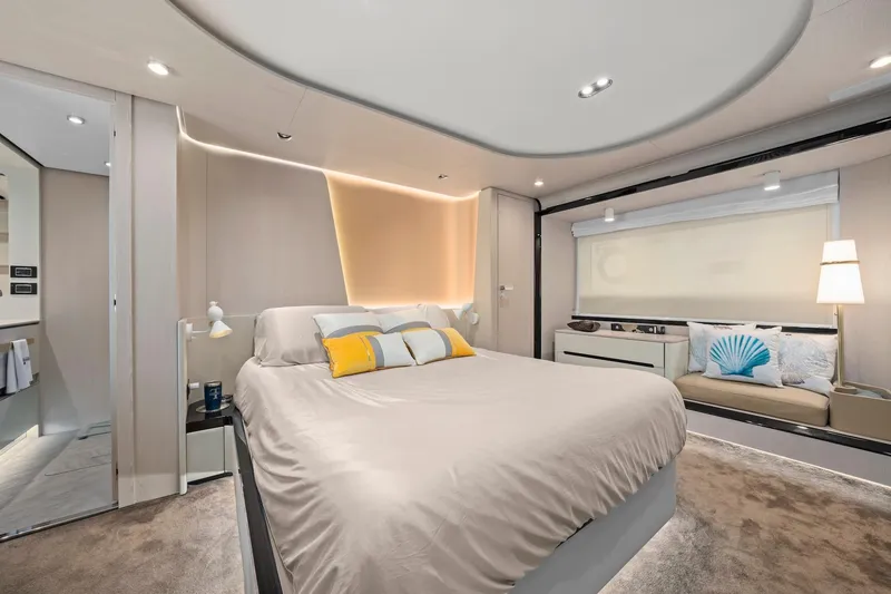Slide: The Image of Luxurious bedroom interior of 2020 Azimut Fly 78 yacht with modern design and elegant lighting. - 82