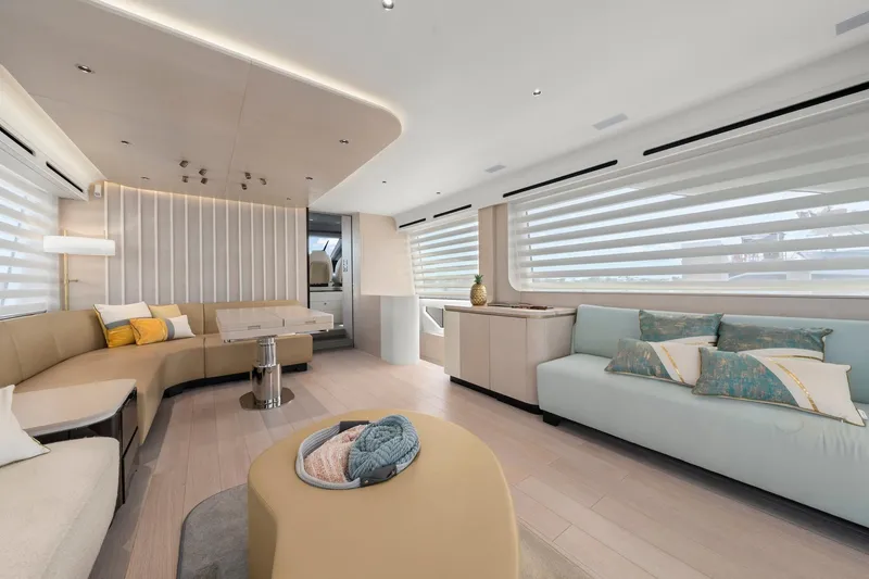 Slide: The Image of Luxurious interior of 2020 Azimut Fly 78 yacht with modern seating and elegant decor. - 65
