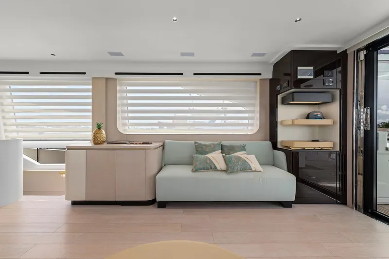 Slide: The Image of Luxurious interior of 2020 Azimut Fly 78 yacht with modern sofa and elegant decor. - 64
