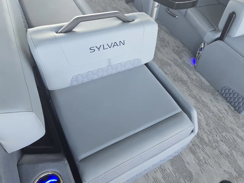 Slide: The Image of The image shows a luxurious gray boat seat with Sylvan logo and blue lighting. - 9