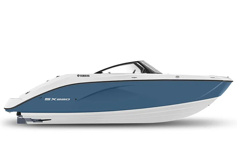 Slide: The Image of Yamaha SX220 2026: Sleek design with a blue hull and white deck, perfect for leisure cruising. - 1