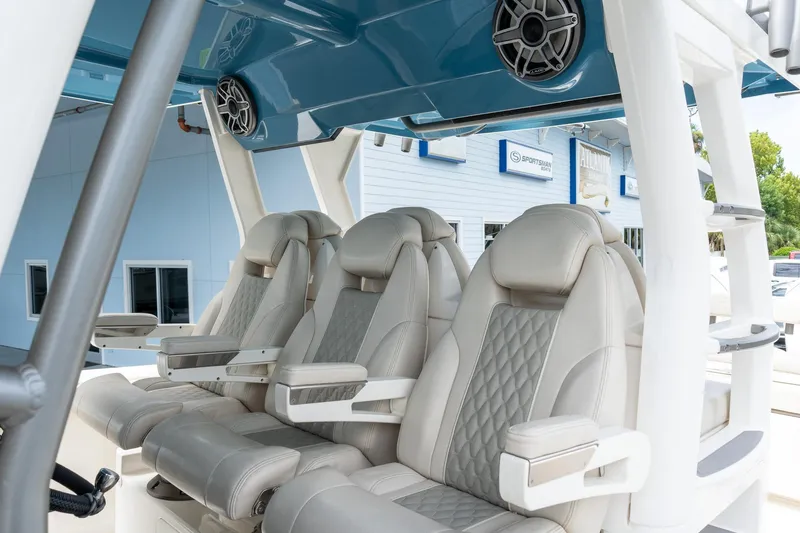 Slide: The Image of Luxurious seating on 2023 Solace 41CS boat, featuring premium leather and modern design. - 51