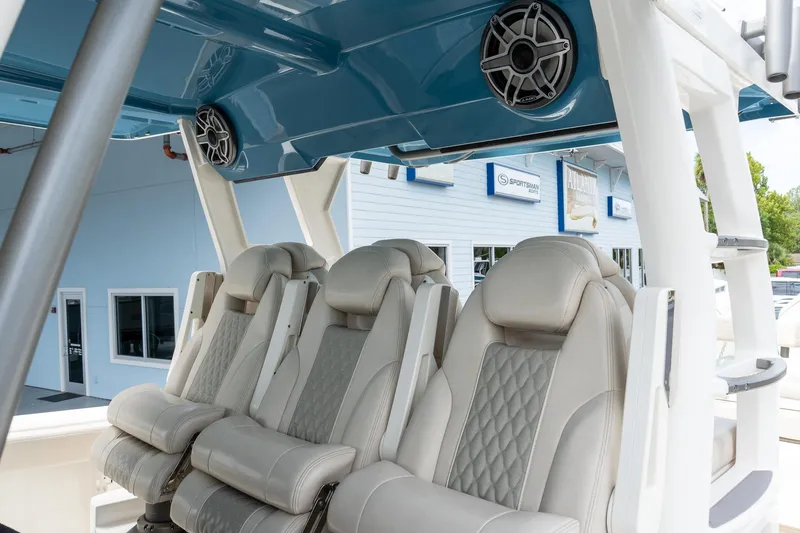 Slide: The Image of Luxurious seating on 2023 Solace 41CS boat, featuring premium upholstery and integrated speakers. - 50