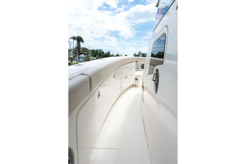 Slide: The Image of 2023 Solace 41CS boat deck with sleek design and modern features. - 53