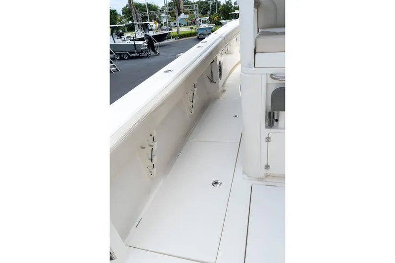Slide: The Image of 2023 Solace 41CS boat deck with sleek white design and modern features. - 43
