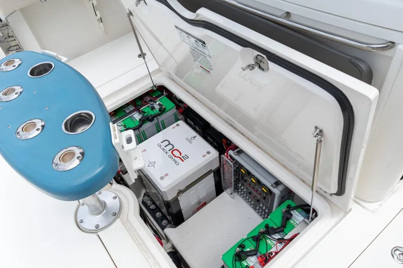 Slide: The Image of 2023 Solace 41CS boat compartment with batteries and Quick Gyro stabilizer system. - 35