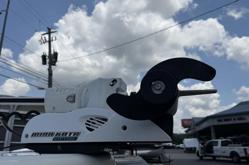 Slide: The Image of Minn Kota Riptide motor on 2003 Triton 220 LTS boat under cloudy sky. - 10