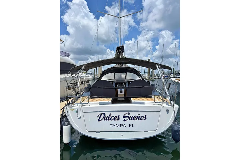 Slide: The Image of 2020 Hanse 458 sailboat named "Dulces Sueños" docked in Tampa, Florida. - 6