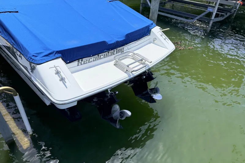 Slide: The Image of 1995 Formula 303 SR-1 boat with blue cover docked in green water. - 3