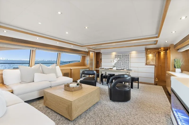 Slide: The Image of Luxurious interior of 2011 Ferretti Yachts 97, featuring elegant seating and panoramic ocean views. - 11