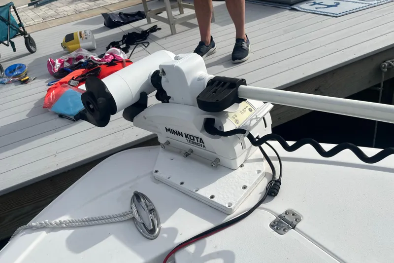 Slide: The Image of Minn Kota Terrova trolling motor on 2017 Sportsman Open 212 Center Console boat deck. - 31