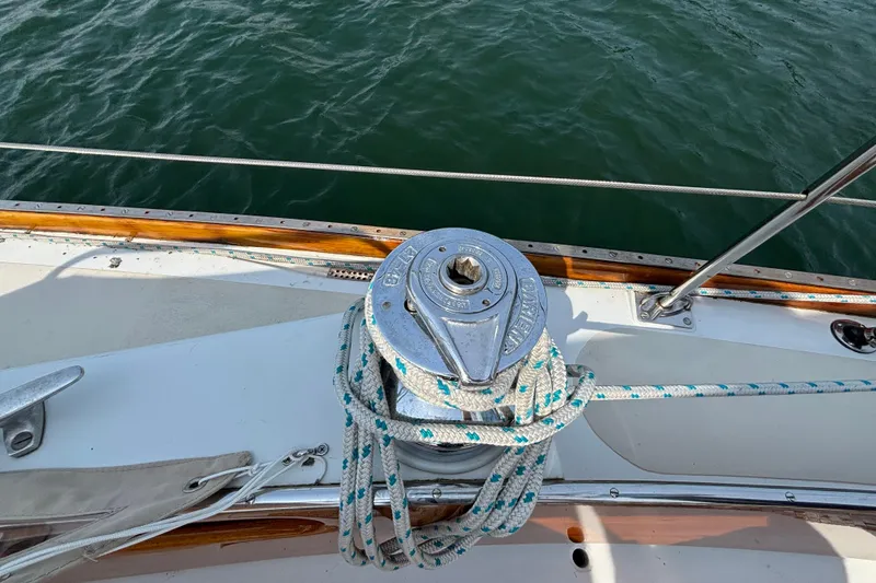 Slide: The Image of Deck view of 1974 Hinckley Bermuda 40 MKIII sailboat with winch and ropes. - 21
