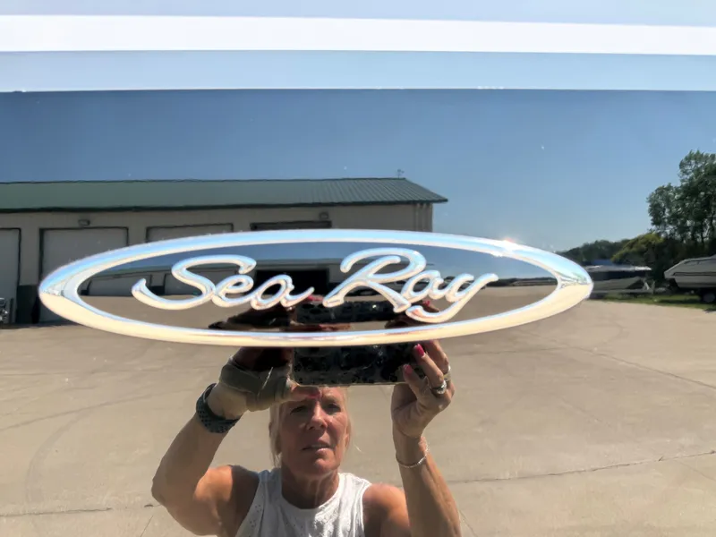 Slide: The Image of A shiny Sea Ray logo on a boat, with a building in the background. - 5