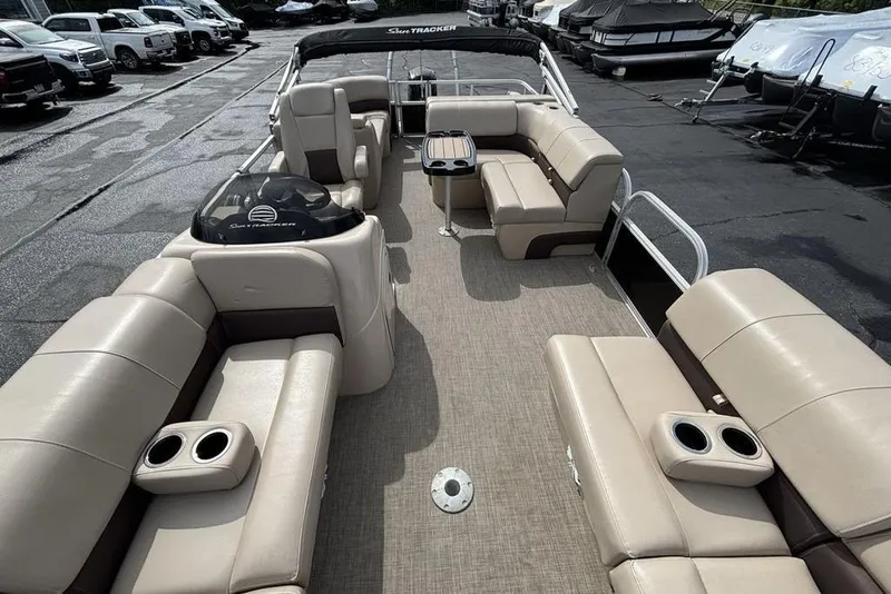 Slide: The Image of 2019 Sun Tracker Party Barge 22 RF DLX with spacious seating and cup holders. - 24