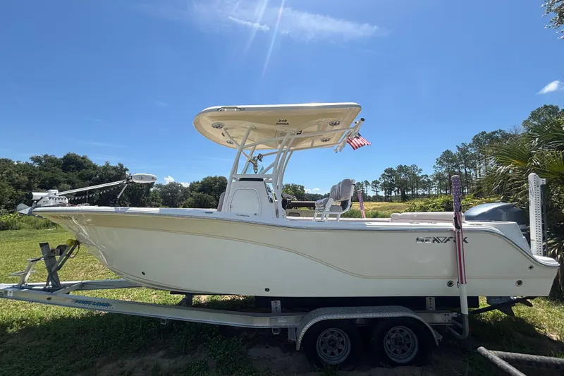 Slide: The Image of 2016 Sea Fox 249 Avenger boat on trailer, sunny day, grassy background. - 10