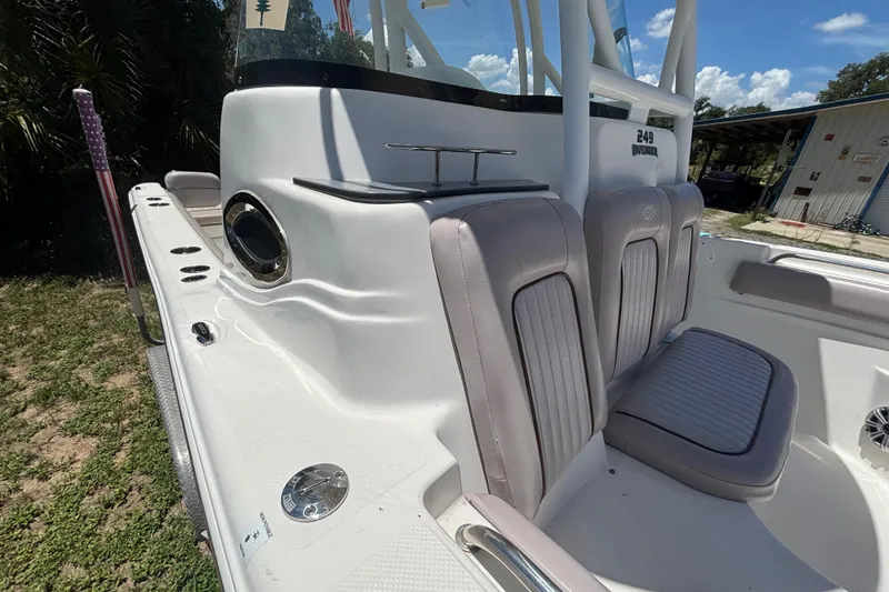 Slide: The Image of 2016 Sea Fox 249 Avenger boat interior with cushioned seating and sleek design. - 68