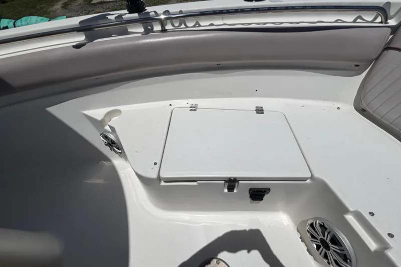 Slide: The Image of 2016 Sea Fox 249 Avenger boat interior with storage compartment and speakers. - 61