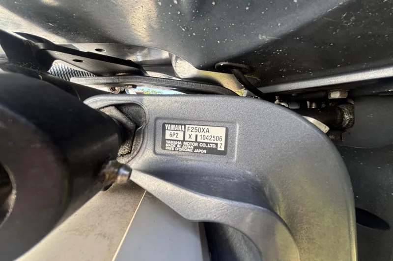 Slide: The Image of Yamaha F250XA engine on 2016 Sea Fox 249 Avenger boat, close-up view. - 82