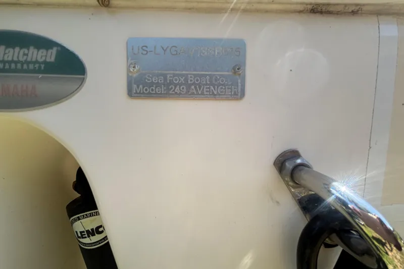 Slide: The Image of 2016 Sea Fox 249 Avenger boat identification plate with Yamaha warranty badge. - 83