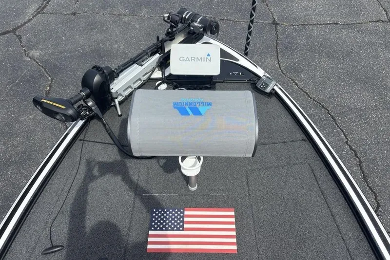 Slide: The Image of 2018 Nitro Z19 Pro boat deck with Garmin equipment and American flag decal. - 5