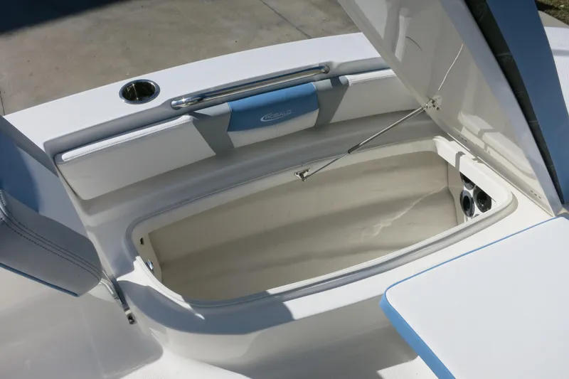 Slide: The Image of Open storage compartment on 2026 Robalo 206 Cayman boat, featuring sleek design and ample space. - 17