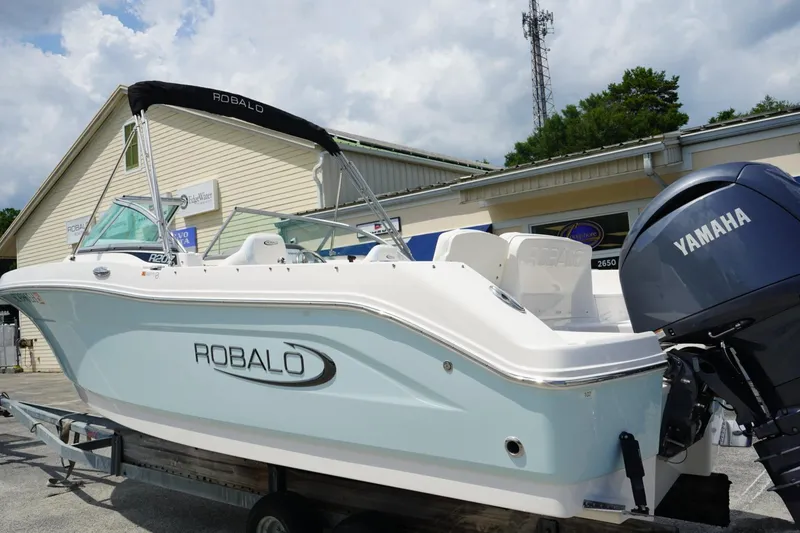 Slide: The Image of 2025 Robalo R207 Dual Console boat with Yamaha engine on trailer. - 2