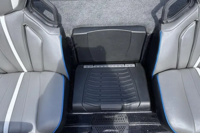 Slide: The Image of Interior seating of 2026 Skeeter ZXE20 boat with gray and blue accents. - 27