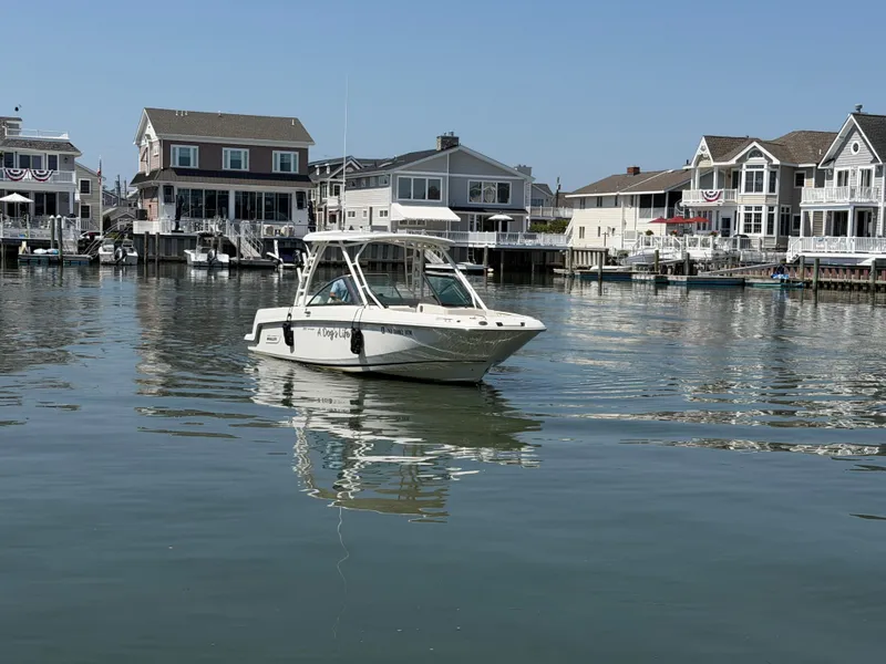 Slide: The Image of A 2018 Boston Whaler 230 Vantage on calm water, with houses in the background. - 30