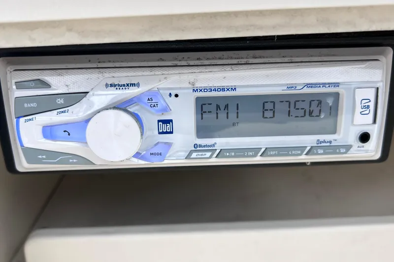 Slide: The Image of Boat stereo system displaying FM radio frequency 87.5, featuring Bluetooth and USB connectivity. - 31