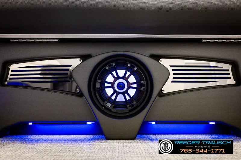 Slide: The Image of 2026 Avalon LSZ ENT boat speaker system with blue LED lighting and sleek design. - 50