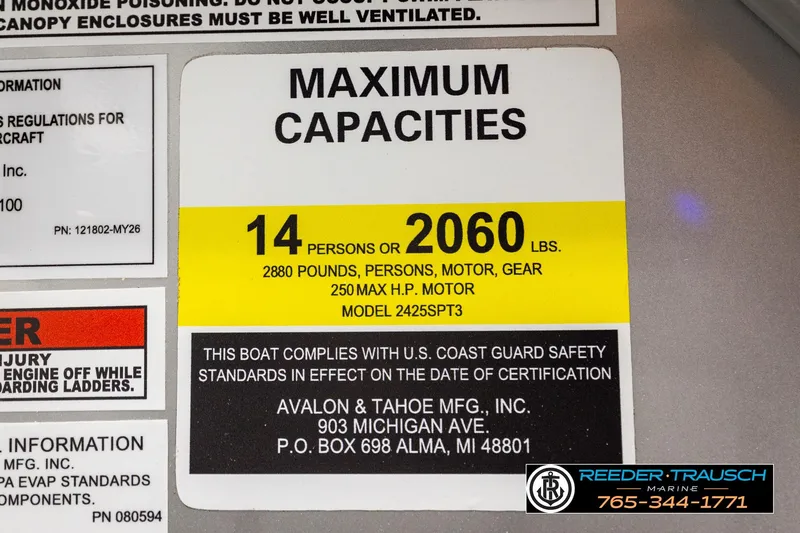 Slide: The Image of 2026 Avalon LSZ ENT boat capacity label: 14 persons or 2060 lbs, 250 HP motor. - 60