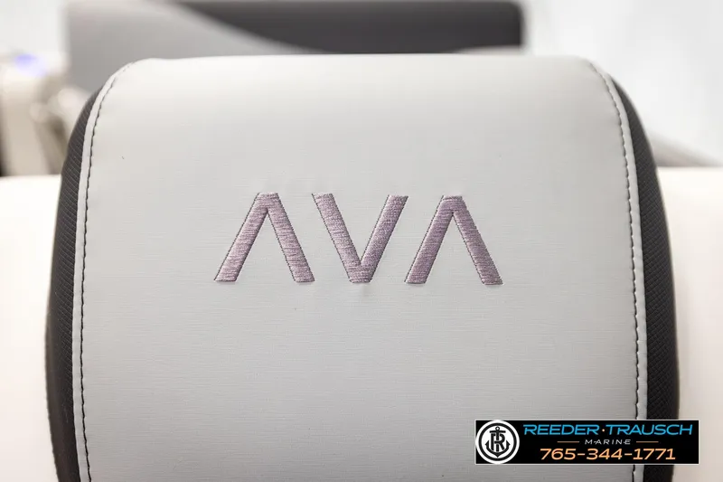 Slide: The Image of 2026 Avalon LSZ ENT seat with embroidered logo, Reeder Trausch Marine contact details visible. - 47