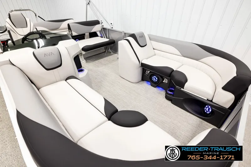 Slide: The Image of Luxurious interior of 2026 Avalon LSZ ENT pontoon boat with plush seating and modern design. - 9