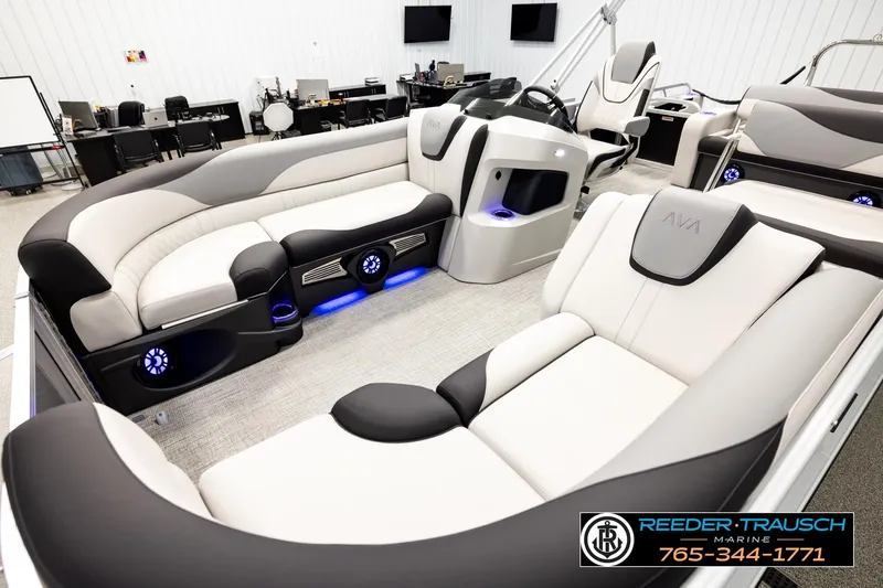 Slide: The Image of Luxurious interior of 2026 Avalon LSZ ENT pontoon boat with plush seating and modern design. - 10