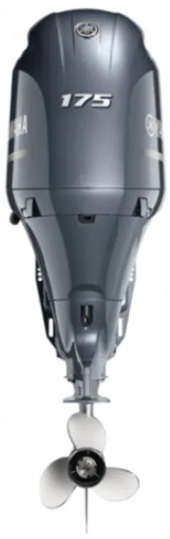 Slide: The Image of A 2022 Yamaha F175LA outboard motor, gray, with propeller, vertically oriented. - 4