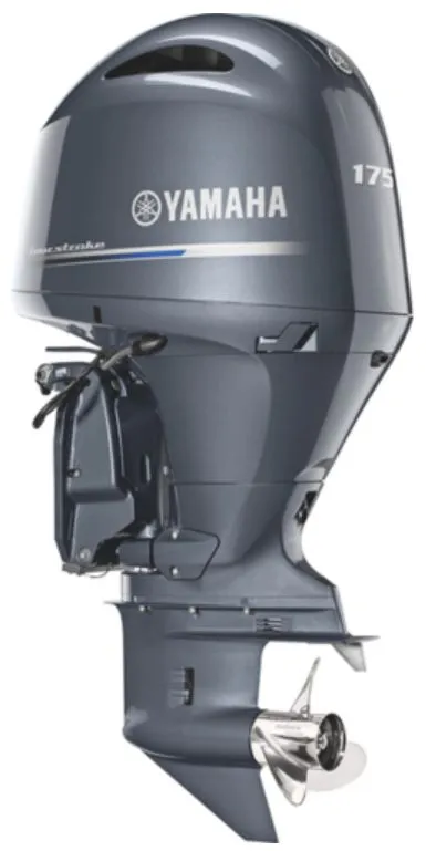 Slide: The Image of Yamaha outboard motor F175LA, 2022 model, in dark gray with silver accents. - 2