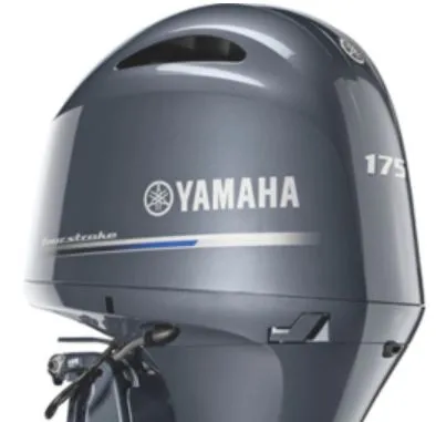 The Image of A 2022 Yamaha F175LA outboard motor in glossy dark gray with branding logo. - 1
