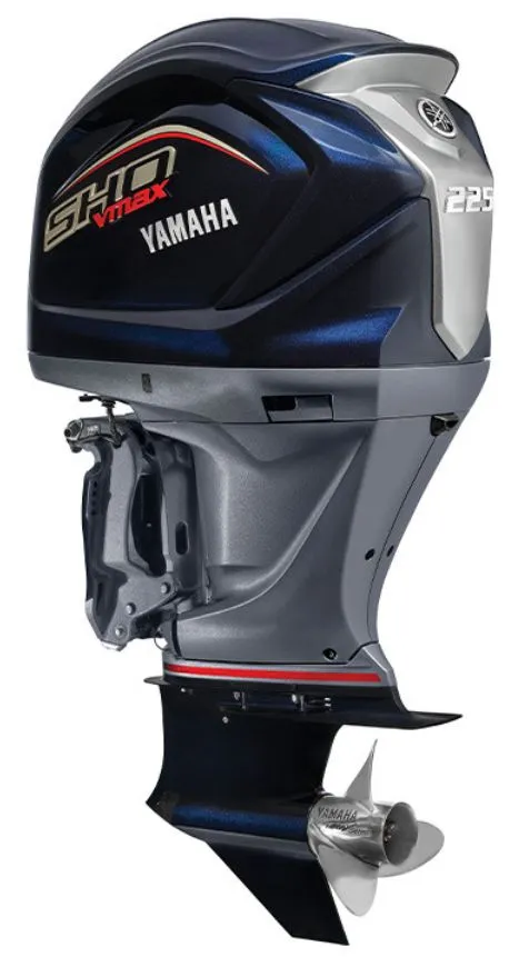 Slide: The Image of Yamaha VF225LB outboard motor, 2025 model, featuring a sleek casing and propeller. - 2