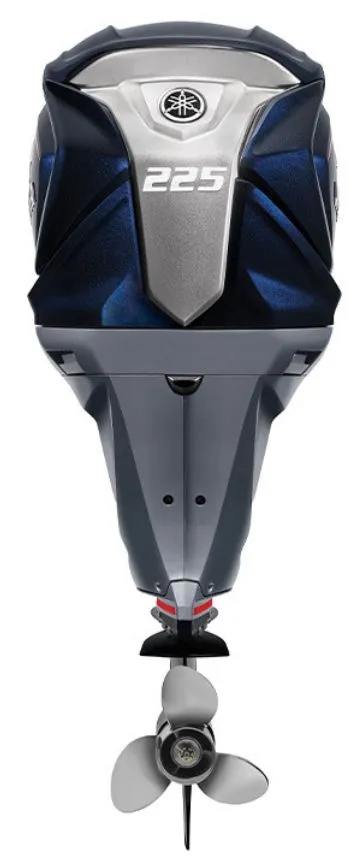 Slide: The Image of Yamaha VF225LB outboard motor, 2025 model, featuring silver and blue accents with a propeller. - 4