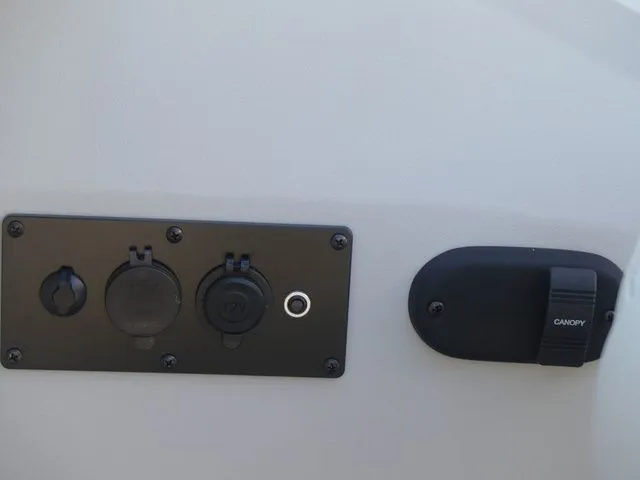 Slide: The Image of Close-up of electrical outlets on a boat, including a 12V socket and a CANOPY switch. - 49