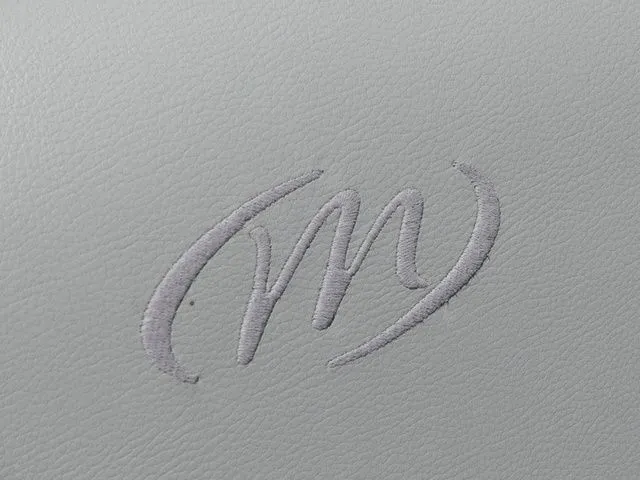 Slide: The Image of Close-up of an embroidered "M" logo on gray leather. - 31