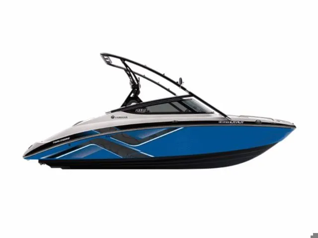 The Image of A blue and white 2014 Yamaha 212X boat with sleek design and a black tower. - 1
