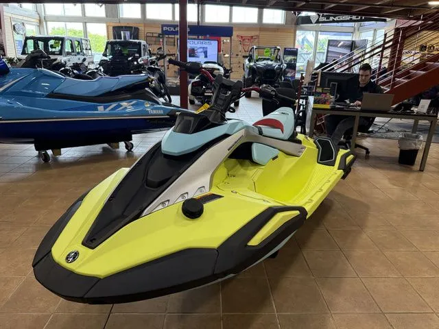 The Image of A yellow 2025 Yamaha WaveRunner JetBlaster is displayed in a showroom. - 1