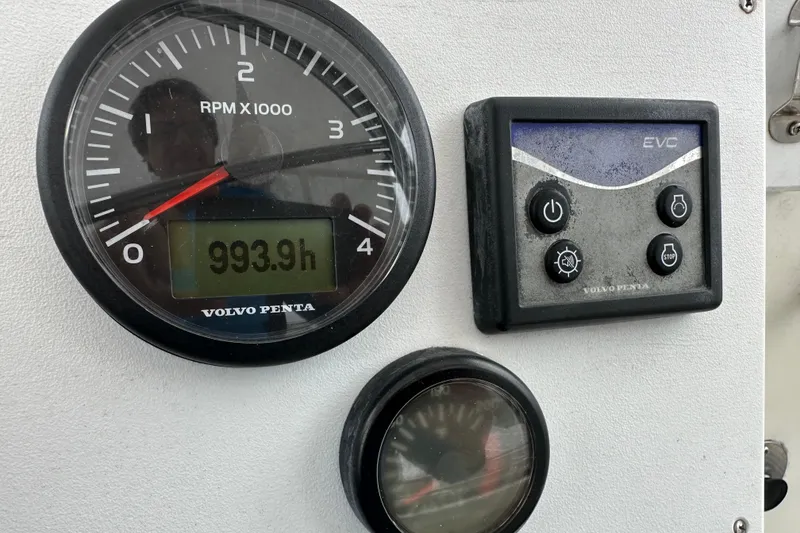 Slide: The Image of Control panel of a 1999 Baltec Engineering Visiona Catamaran with Volvo Penta gauges. - 44