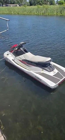 Slide: The Image of A 2019 Yamaha WaveRunner EX floating on calm water, surrounded by green vegetation. - 2