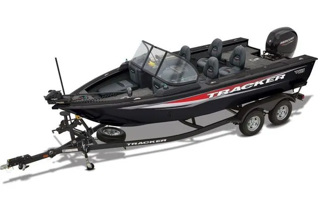 The Image of 2027 Tracker Targa V-18 Combo: A versatile motorboat with a black hull and red accent, ideal for fishing and leisure. - 1